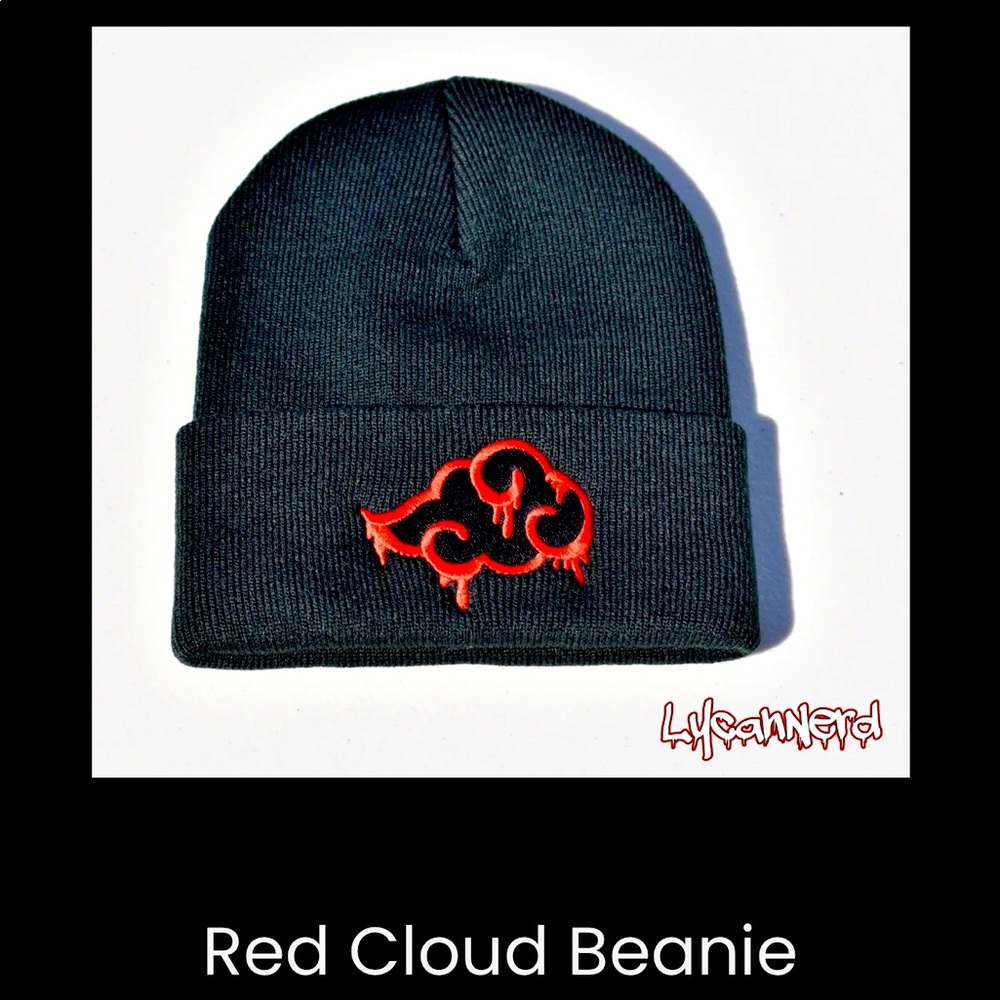 Red drip cloud anime black beanie